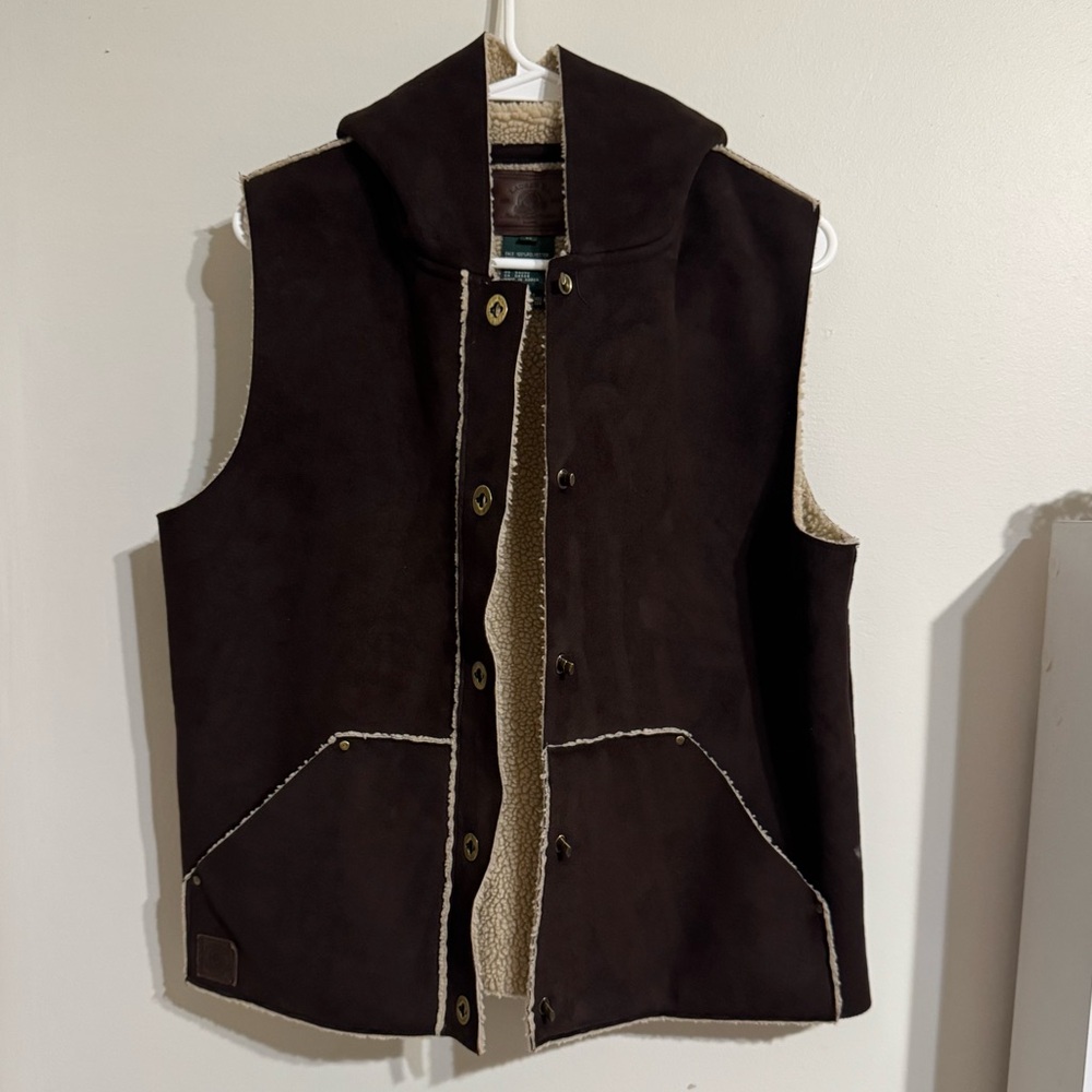 Lauren R.L Brown Button Hooded Faux Suede Vest with Sherpa Size M